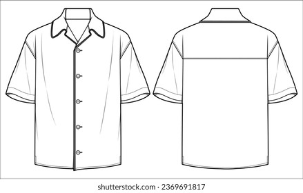 Men's Short  sleeves pajama shirt flat sketch illustration drawing, Lounge pyjama Woven shirt for sleep wear and casual wear fashion illustration template mock up