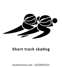 Ícone de patinação de pista curta masculino, silhueta preta isolada no branco. Corrida de pista curta patinação atletas ou patinadores em movimento, sinal de estêncil minimalista. Clipart de vetor para esporte e design de jogos de inverno.