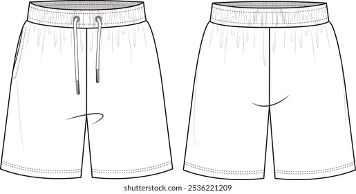 Men's shorts with elastic waist vector illustration front and back view fashion flat sketch.