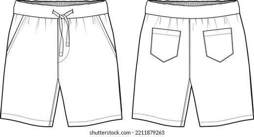 Men's shorts front and back view flat sketch fashion illustration, Boxer short illustration