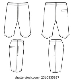 Men's shorts front and back view flat sketch fashion illustration