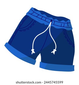 Men's shorts and swimming trunks are blue. Men's swimming trunks. Blue cartoon-style boxer shorts. Vector illustration highlighted on a white background. Isolated piece of men's clothing for swimming