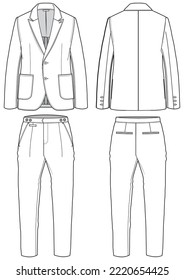 Herreneinzelnchen-Lapel-Blazer-Jacket mit formaler Hosen-Hosen-Flachsketch-Modegrafik mit Vorder- und Rückansicht 