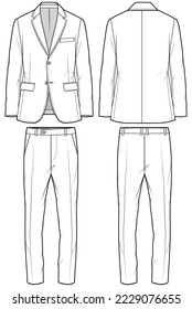 Men's Single  breast notch lapel Blazer Jacket full suit with formal trouser pants flat sketch fashion illustration technical drawing with front and back view 