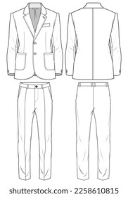 Men's Single  breast notch lapel Blazer Jacket full suit with formal trouser pants flat sketch fashion illustration technical cad drawing with front and back view 