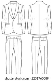 Men's Single  breast shawl lapel tuxedo Blazer Jacket full suit with formal trouser pants flat sketch fashion illustration technical drawing with front and back view 