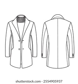 Men's single-breasted trench coat button-down overcoat line art. Front and back view. Isolated on a white background