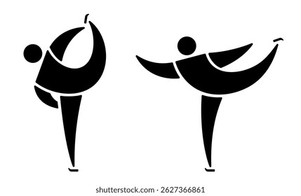 Men's singles figure skating icon, black silhouette isolated on white. Human figure dancing with skates, minimalist stencil sign. Vector clipart for simple sport design, winter games illustration.