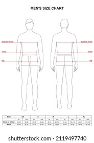 Männergrößenkarte. Männereuropäische Standardkörpermessungen in Zoll und cm. Männliche Größenkarte für Standort, Produktion und Online-Bekleidung. XS, S, M, L, XL, Bust, Taille