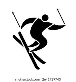 Men's ski freestyle icon, black silhouette isolated on white. Jumping freestyle athlete in move, minimalist stencil sign. Vector clipart for sport, winter games or recreation at ski resort design.