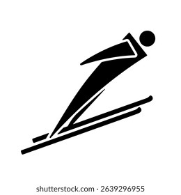 Men's ski jumping icon, black silhouette isolated on white. Ski jumper athlete in flight, ramp jumping, minimalist stencil sign. Vector clipart for sport design, winter games illustration.