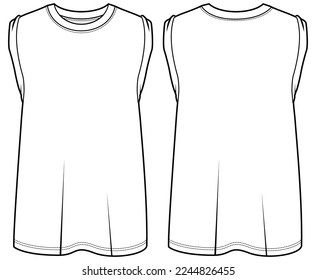 Men's sleeveless T Shirt vest flat sketch fashion illustration drawing template mock up with front and back view. Tank top cad drawing template