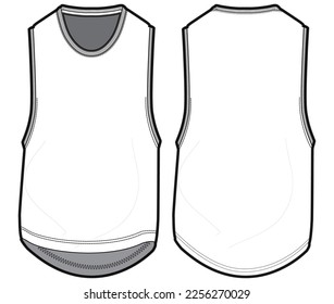 Men's sleeveless T Shirt vest flat sketch fashion illustration drawing template mock up with front and back view. Tank top cad drawing template