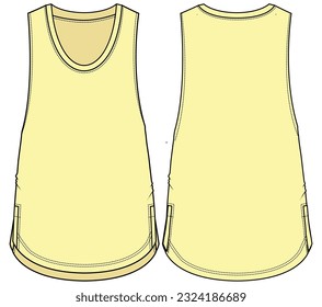 Men's sleeveless T Shirt vest flat sketch fashion illustration drawing template mock up with front and back view. Tank top cad drawing template