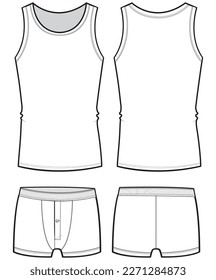 Men's Sleeveless tank top with underwear boxer brief design front and back view flat sketch fashion illustration, Gents trunk under garments cad drawing vector template mock up
