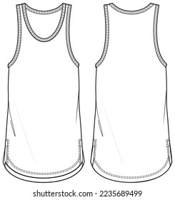 Men's sleeveless Tank top vest flat sketch fashion illustration drawing template mock up with front and back view. Split hem tank top sketch vector