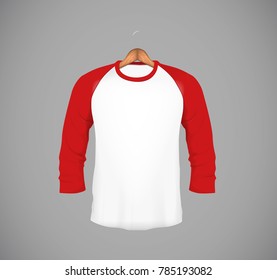 Men's slim-fitting long sleeve baseball shirt with wood hanger. Red Mock-up design template for branding.