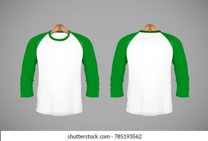 Men's slim-fitting long sleeve baseball shirt with wood hanger. Green Mock-up design template for branding.