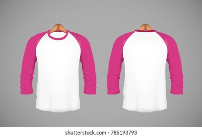 Men's slim-fitting long sleeve baseball shirt with wood hanger. Pink Mock-up design template for branding.
