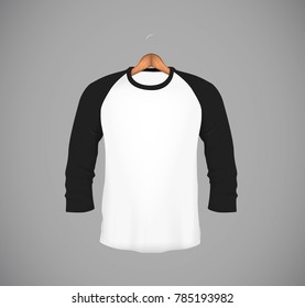 Men's slim-fitting long sleeve baseball shirt with wood hanger. Black Mock-up design template for branding.