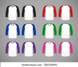 Men's slim-fitting long sleeve baseball shirt set. Multicolor Mock-up design template for branding.