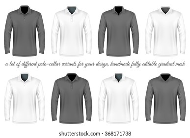 Men's slim-fitting polo shirts. A Lot of different polo-collar variants. Vector illustration. Fully editable handmade mesh.