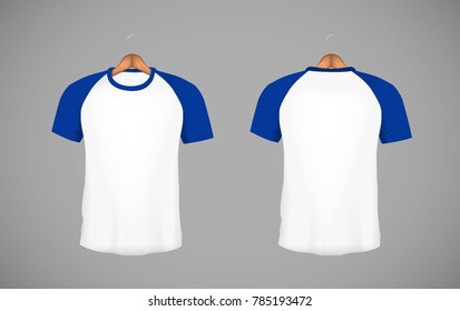 Men's slim-fitting short sleeve baseball shirt with wood hanger. Blue Mock-up design template for branding.