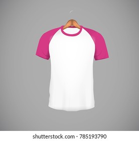 Men's slim-fitting short sleeve baseball shirt with wood hanger. Pink Mock-up design template for branding.