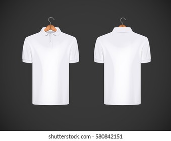 Men's slim-fitting short sleeve polo shirt. White polo shirt with wooden hanger isolated mock-up design template for branding.