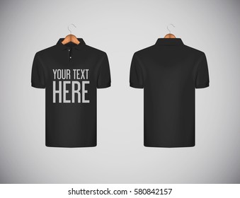 Men's slim-fitting short sleeve polo shirt with lettering for advertising. Black polo shirt in wooden hanger mock-up design template for branding.