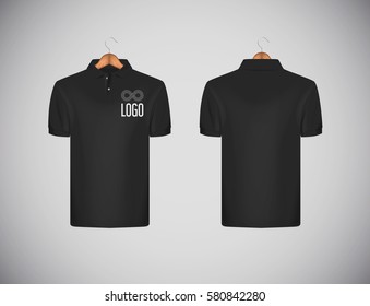 Men's slim-fitting short sleeve polo shirt with logo for advertising. Black polo shirt in wooden hanger mock-up design template for branding.