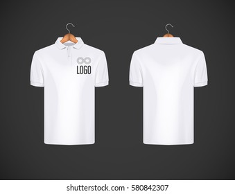 Men's slim-fitting short sleeve polo shirt with logo for advertising. White polo shirt with wooden hanger isolated mock-up design template for branding.