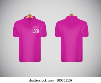 Men's slim-fitting short sleeve polo shirt with logo for advertising. Pink polo shirt with wooden hanger isolated mock-up design template for branding.