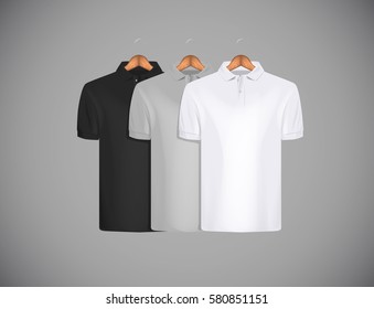 Men's slim-fitting short sleeve polo shirt  for advertising. Black, gray and white polo shirt collection with wooden hanger isolated mock-up design template for branding.