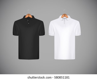 Men's slim-fitting short sleeve polo shirt. Black and white polo shirt with wooden hanger isolated mock-up design template for branding.