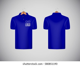 Men's slim-fitting short sleeve polo shirt with logo for advertising. Blue polo shirt with wooden hanger isolated mock-up design template for branding.