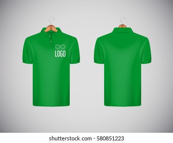 Men's slim-fitting short sleeve polo shirt with logo for advertising. Green polo shirt with wooden hanger isolated mock-up design template for branding.