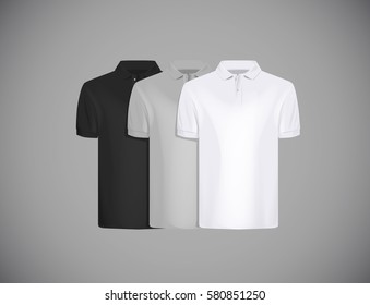 Men's slim-fitting short sleeve polo shirt  for advertising. Black, gray and white polo shirt collection isolated mock-up design template for branding.