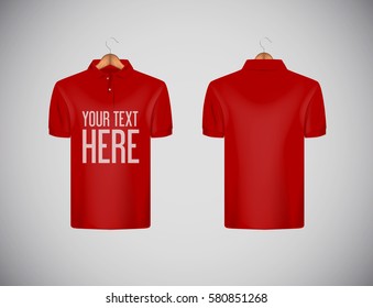 Men's slim-fitting short sleeve polo shirt with lettering for advertising. Red polo shirt with wooden hanger isolated mock-up design template for branding.