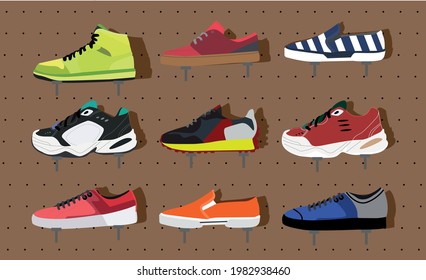 Mens Sneakers On The Store Wall. Vector Cartoon Art