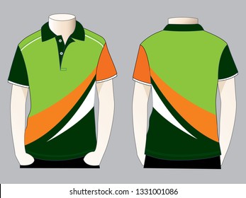 Men's sport green-orange-white short sleeve polo shirt with curve style design vector.Front and back view.