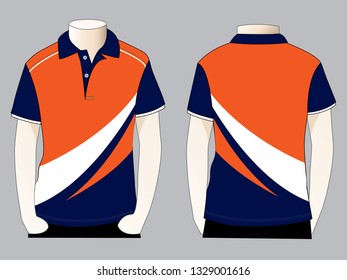 Men's sport orange-navy blue-white short sleeve polo shirt with curve style design vector.Front and back view.