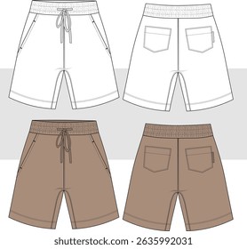 Men's sport shorts pant technical fashion drawing flat sketch, vector, illustration. Front and back view. Cad, Mockup.