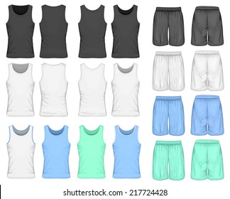 Men's sport shorts and singlet (front and back views). Vector illustration. Spot colors only.