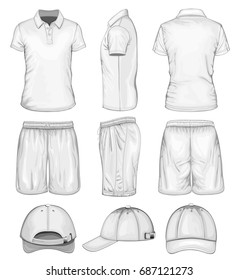 Men's sport wear. T-shirt, shorts and baseball caps. Vector illustration