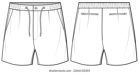 Men's Sports Sweat shorts design front and back view flat sketch fashion illustration, Knitted Jogger short cad drawing vector template