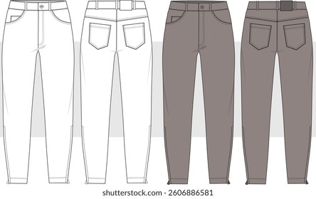 Men's sports wear pant with side zipper detail. fashion draw, flat sketch, vector, illustration. Front and back view, Cad, Mockup.