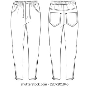 mens sports wear track pant with side zipper fashion flat sketch vector illustration template. front and back view cad drawing.