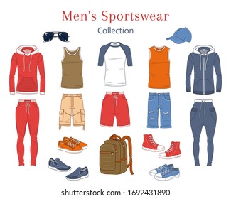 Men's Sportswear Collection. Sport clothes, hoodie, t shirts, sweet pants, shorts, sneakers , baseball cap, vector  illustration, isolated on white background.