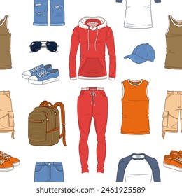 Men's Sportswear Collection. Sport clothes, vector seamless pattern background